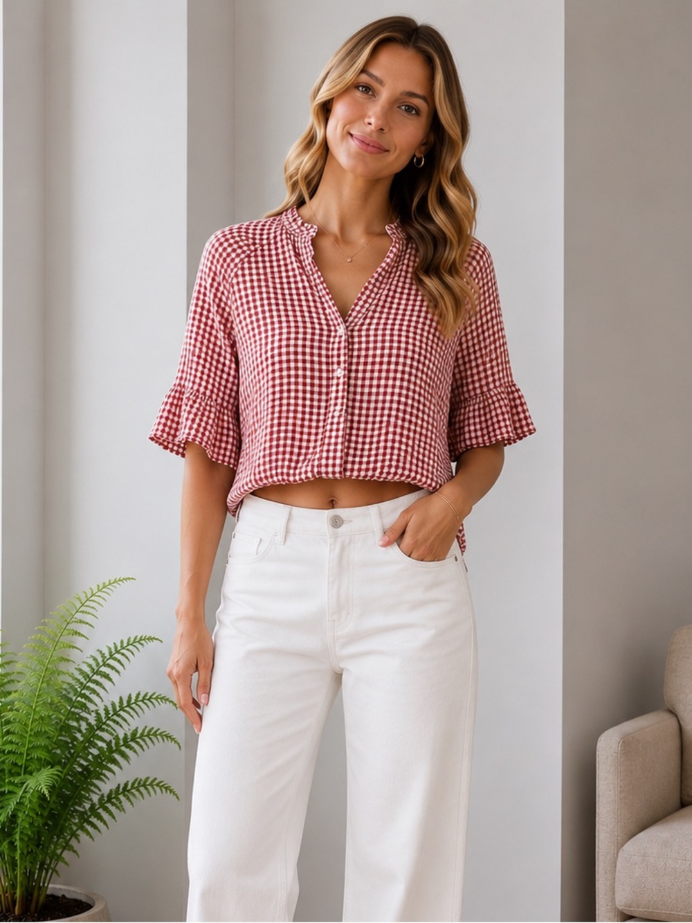 Madewell Red Gingham Button-Down Crop Top